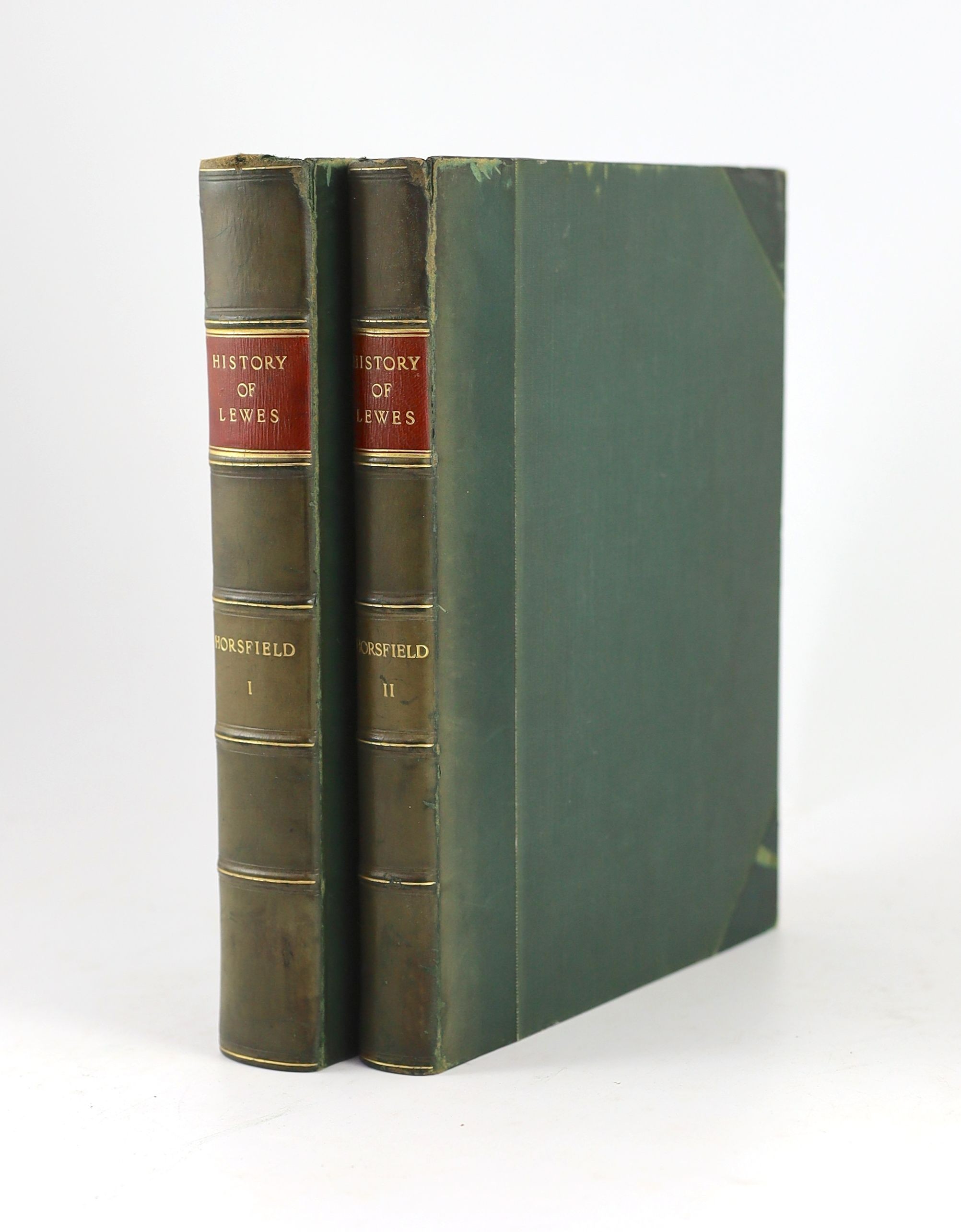 Horsfield, T.W. - The History and Antiquities of Lewes and its vicinity, 2 vols., first edition, folding map, 30 lithographed plates, 10 engraved plates, wood-engraved illustrations, spotted (as usual), green half calf,